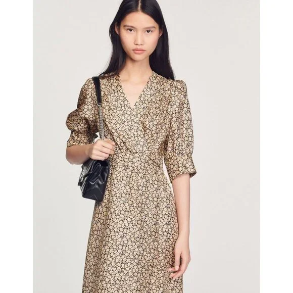 Sandro Enrika Floral Midi Dress Size 38 FR US Size 6 Beige Silk Wrap Dress - Picture 7 of 17